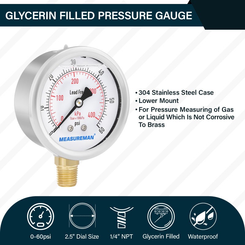MEASUREMAN Lead-Free Pressure Gauge, 2-1/2inch Dial, Glycerin Filled, 0-60psi/kpa, Stainless Steel Case, 1/4inchNPT Lower Mount - Image 2